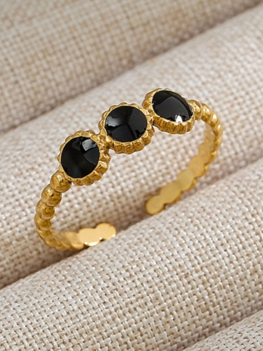 18k Gold Plated Adjustable Ring with Black Stone Trio